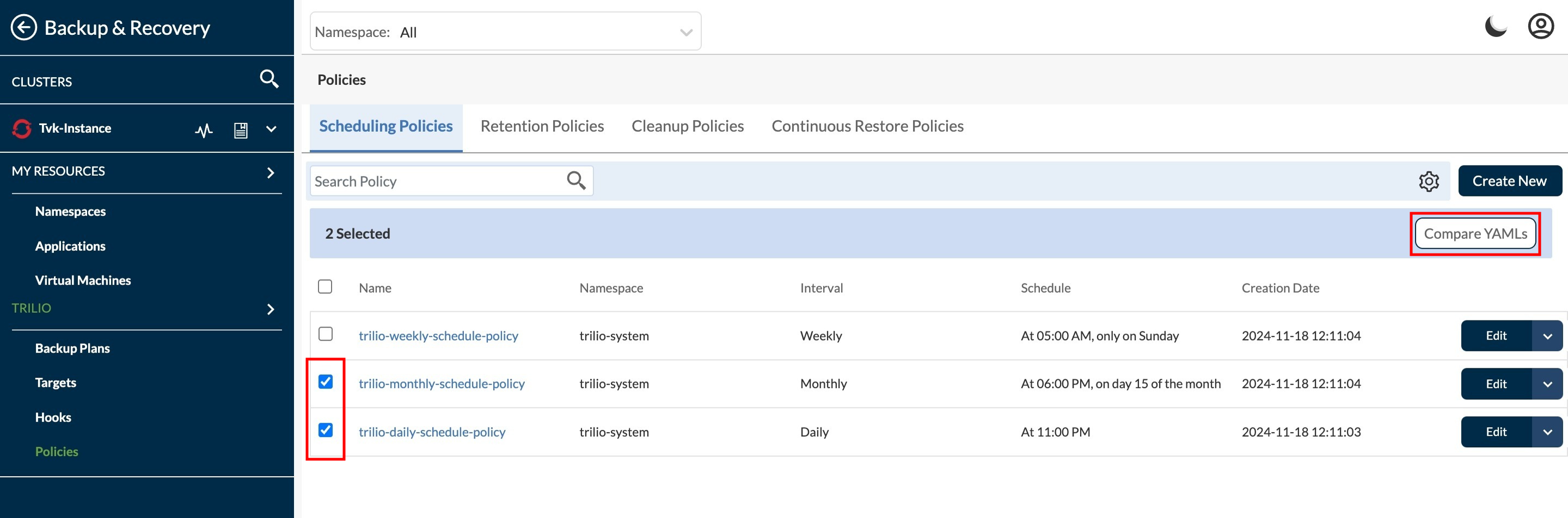 Create Backup options