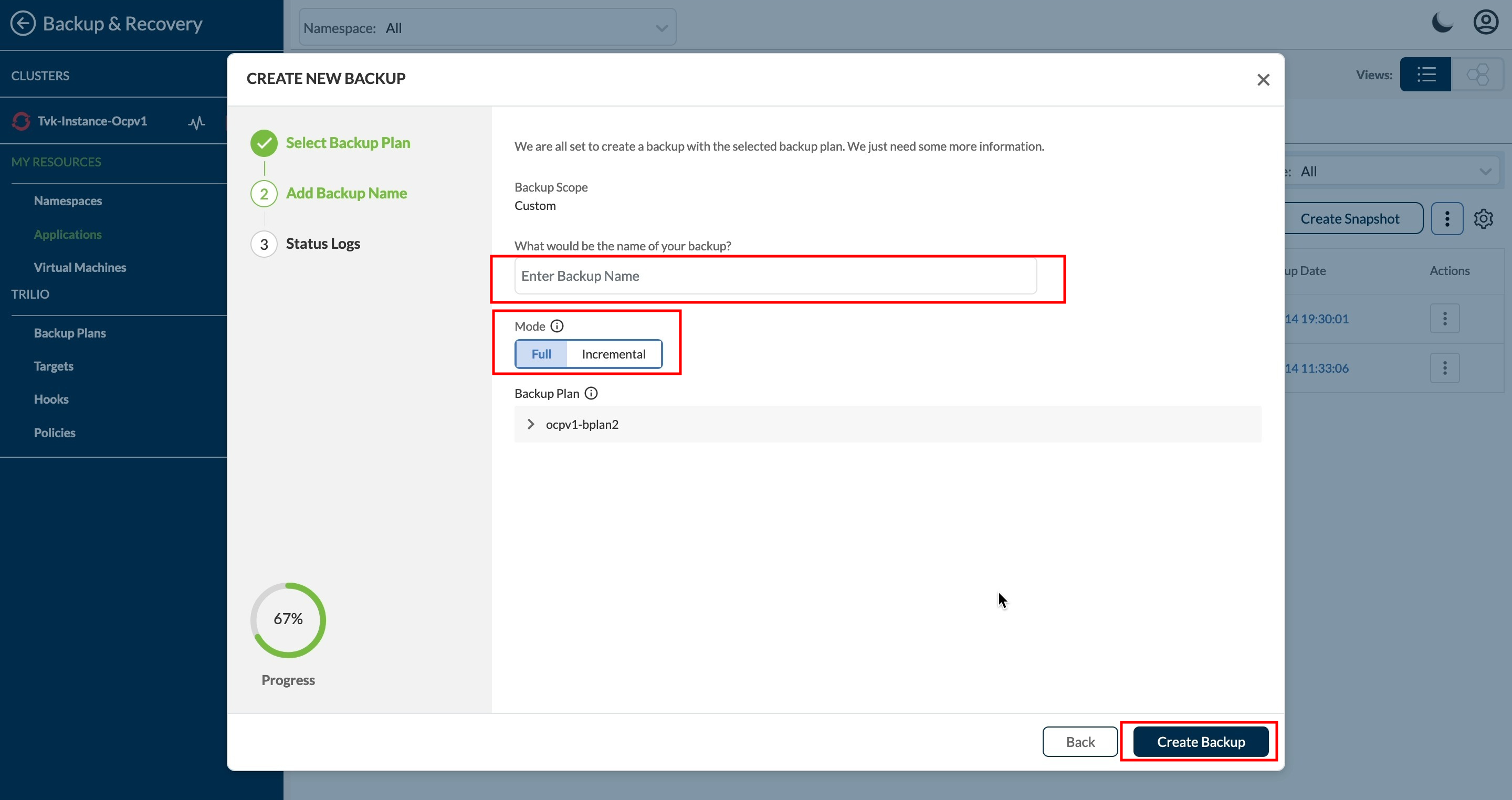 Create Backup options